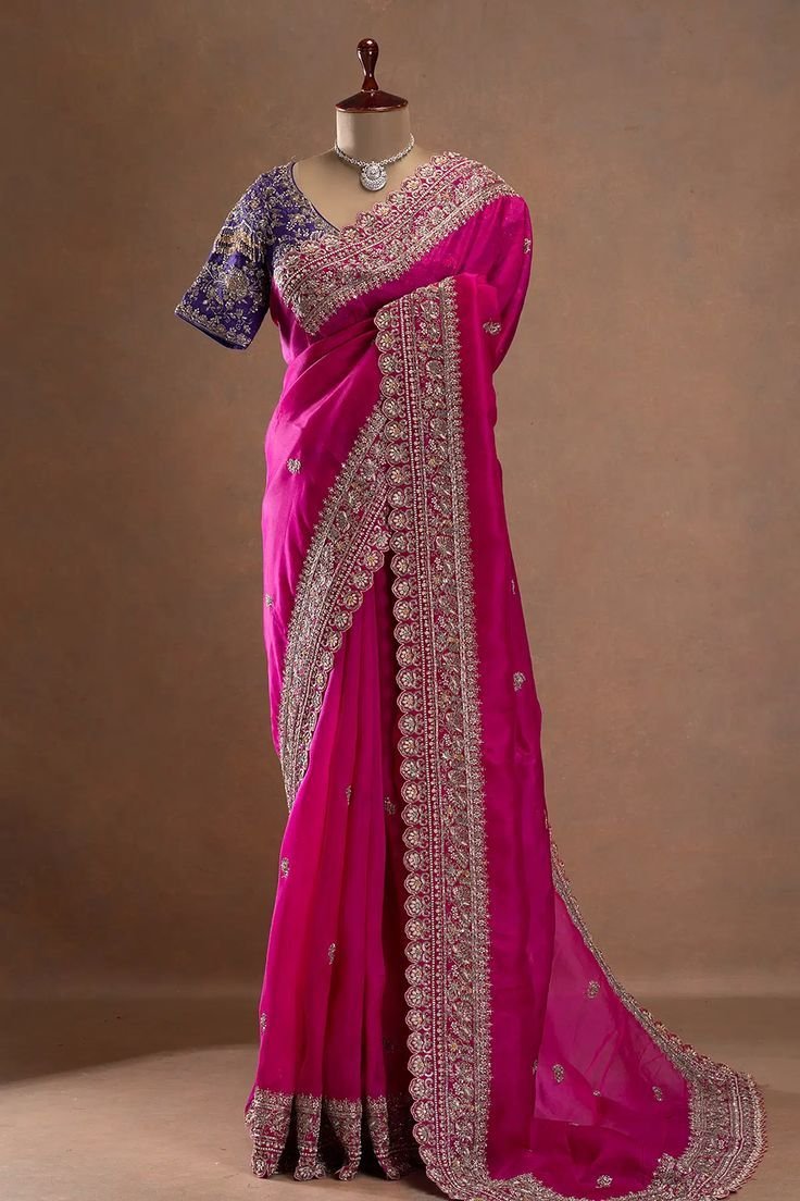 Magenta Pink Embroidered Georgette Saree