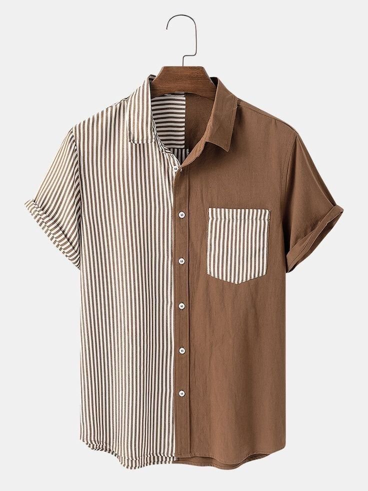 Brown and Beige Striped Half-and-Half Shirt