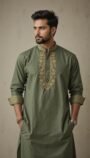 Olive Green Embroidered Cotton Kurta