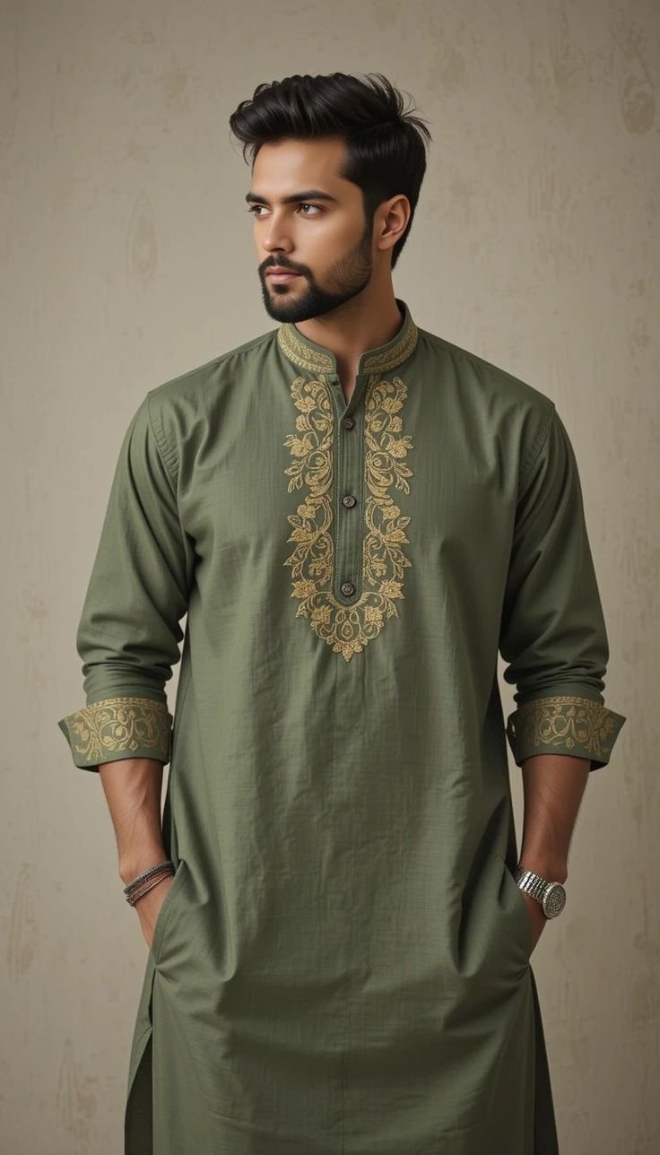 Olive Green Embroidered Cotton Kurta