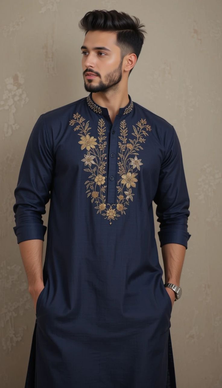 Navy Blue Floral Embroidered Kurta