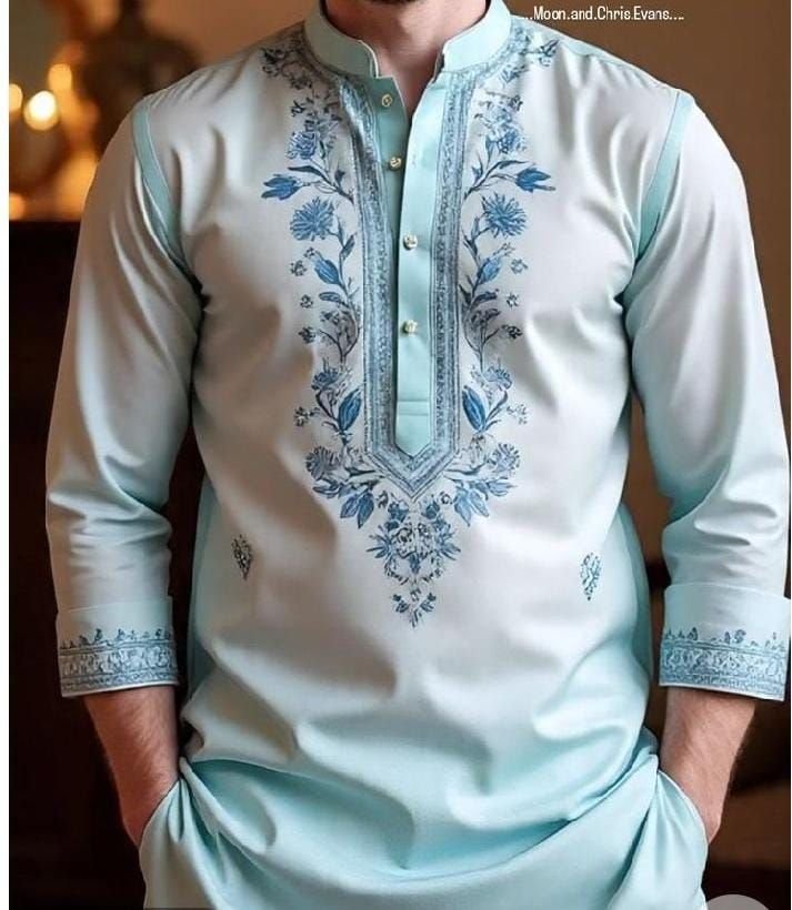 Sky Blue Floral Embroidered Kurta Description: