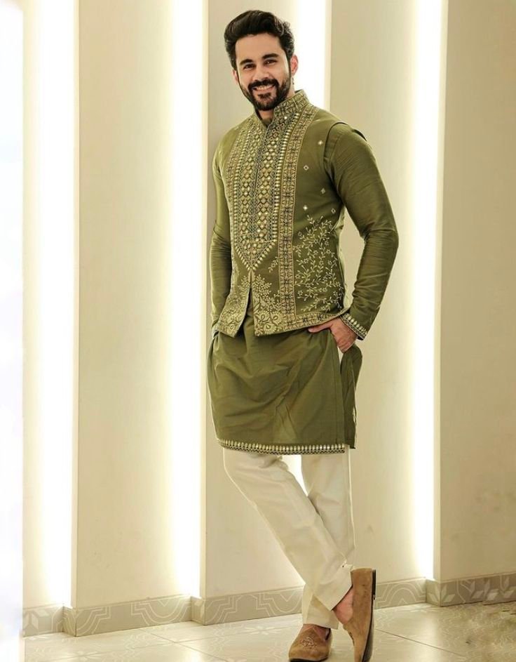 Olive Green Embroidered Nehru Jacket Kurta Set