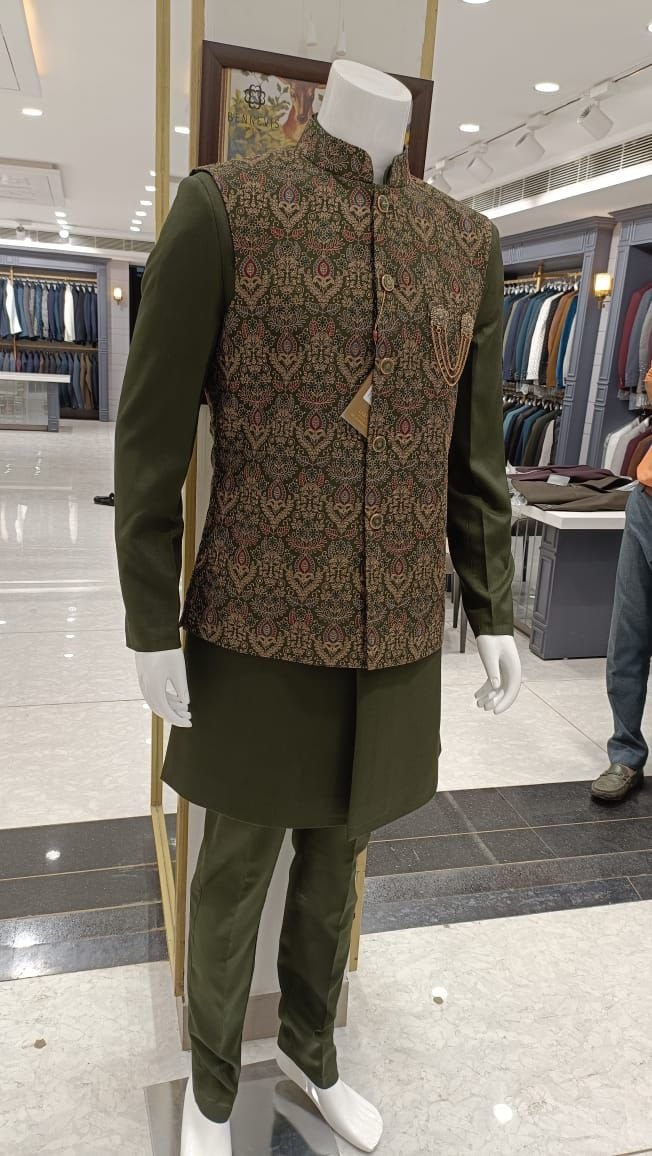 : Olive Green Kurta Set with Embroidered Nehru Jacket
