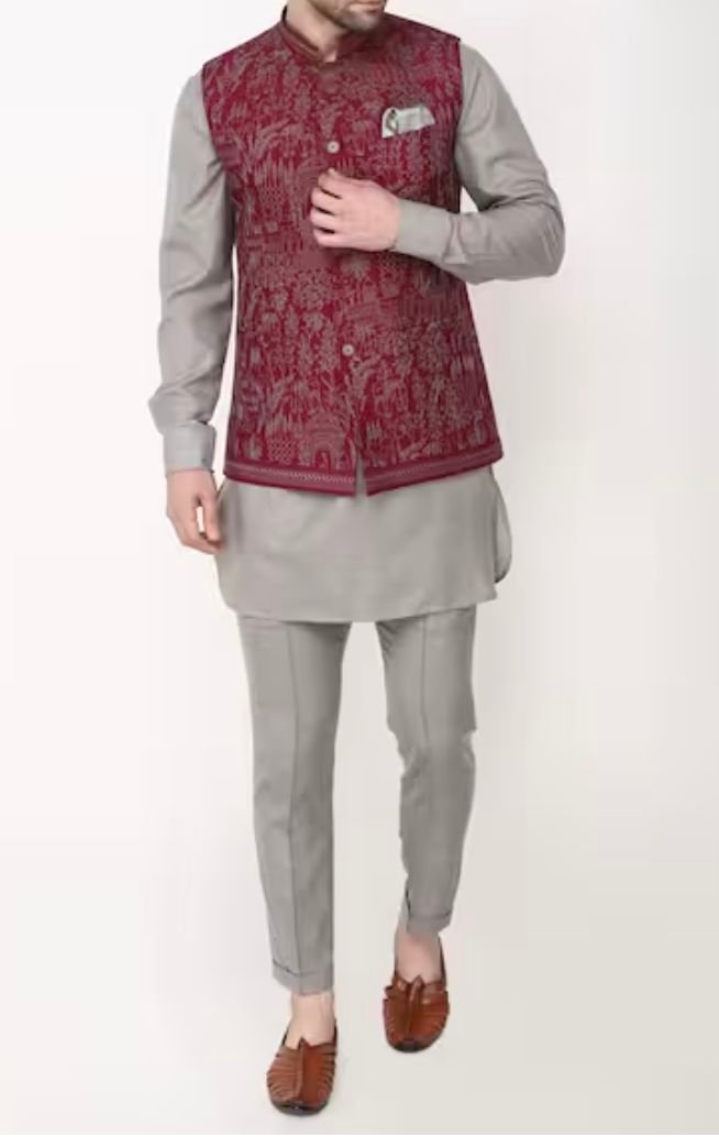 Grey Kurta Set with Maroon Printed Nehru Jacket