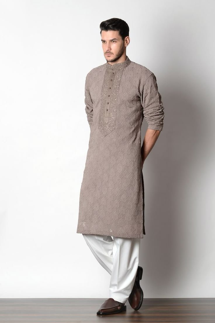 Taupe Textured Embroidered Kurta Set