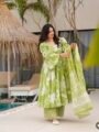 Lime Green Floral Printed Anarkali Kurta Set
