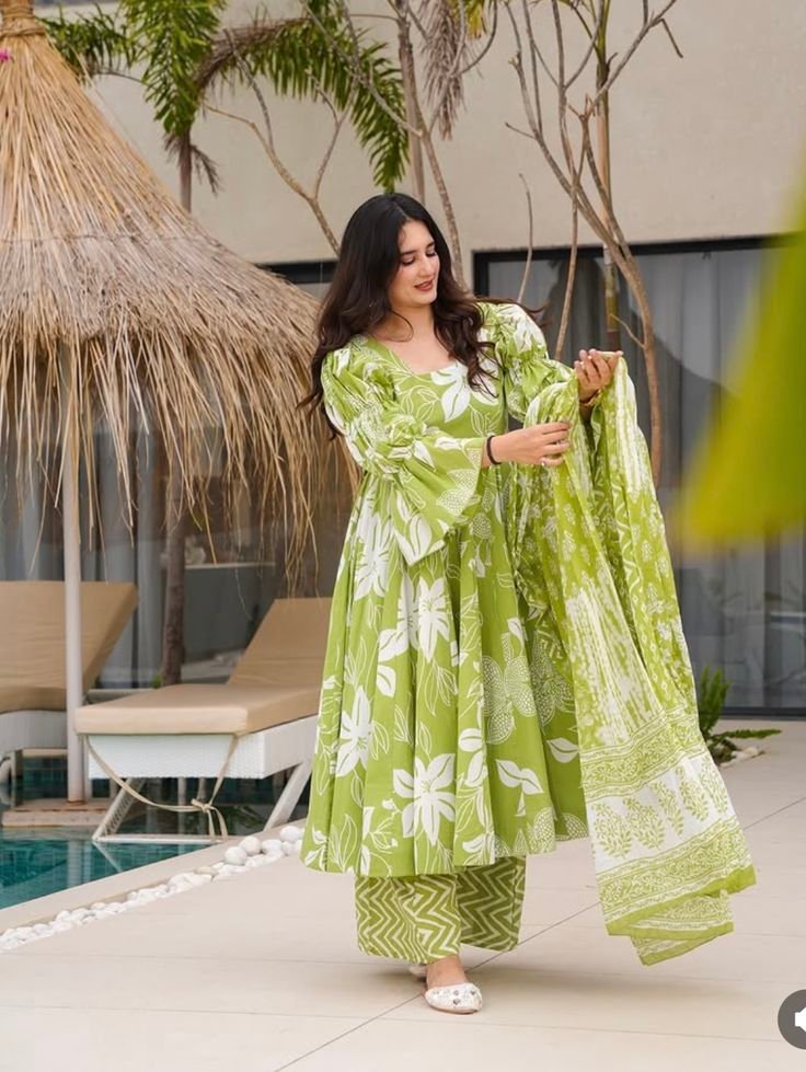 Lime Green Floral Printed Anarkali Kurta Set