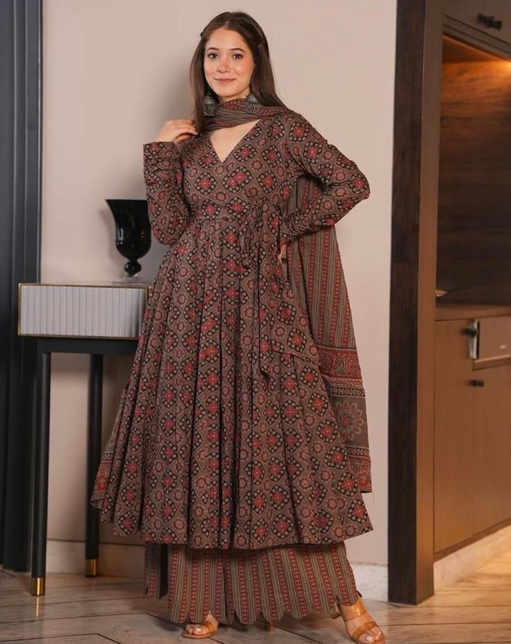 Brown Ajrakh Printed Anarkali Kurta Set
