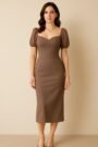 Mocha Puff Sleeve Midi Bodycon Dress