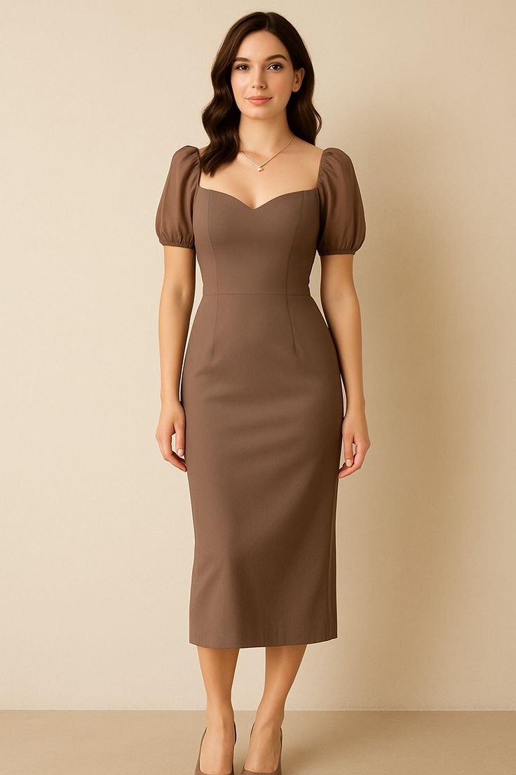 Mocha Puff Sleeve Midi Bodycon Dress