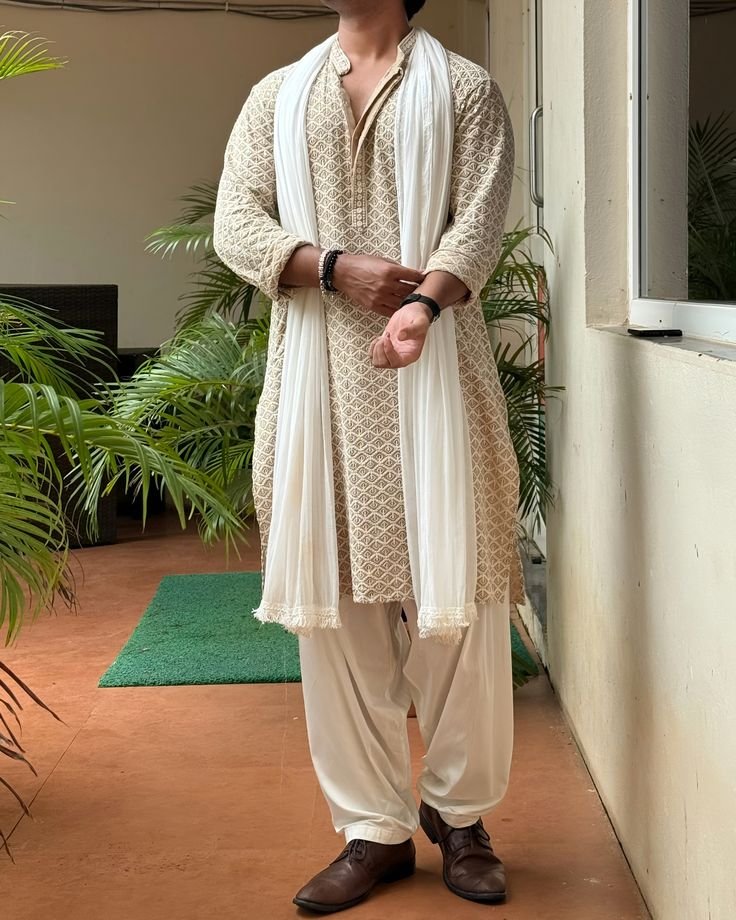 Cream Sequin Embroidered Kurta Set
